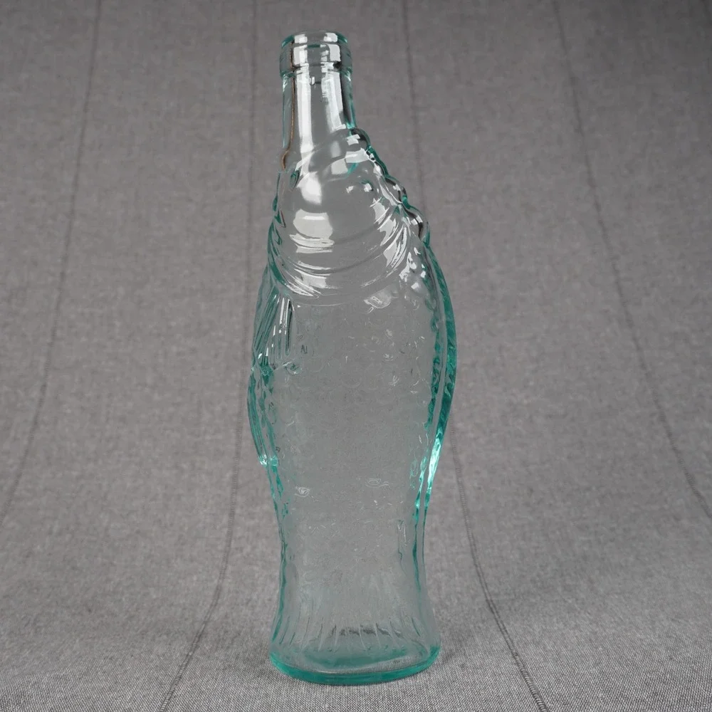 Vintage Aqua Blue Green Glass Fish Bottle Decorative Bud Vase Embossed Scales